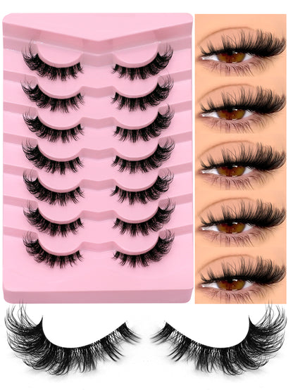 GROINNEYA 7 Pairs of Natural Cat Eye Eyelashes Multi-Layer Curled Wispy Fox Eye Lashes Various Lengths Mink Eyelashes Tail Elongated Eyelashes 3D Fluffy and Delicate False Eyelashes