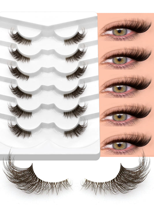 6 Pairs Brown Half Eye Lashes Natural Clear Band Full Strip Lashes Short Cat Eye Eyelashes Wispy Soft False Lashes Criss-cross Volume Fake Lashes Suitable All Kinds Parties