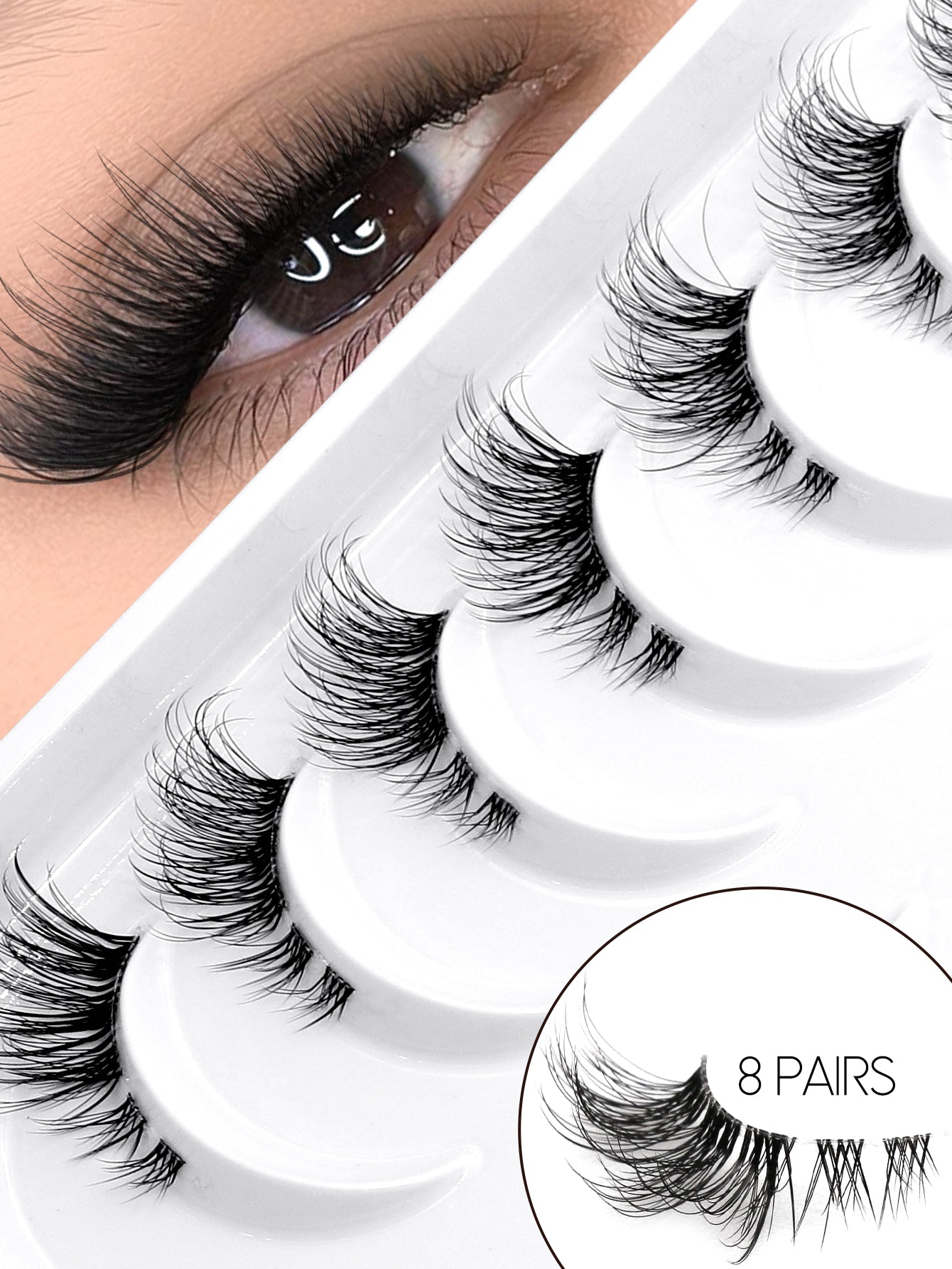 GROINNEYA 8 Pairs Half Striped False Eyelashes, Natural Extension Cat Eye Lashes, Short Soft 3D Mink Lashes, Transparent Band, Criss-Cross Fluffy Lashes, Suitable For Daily And Party Makeup