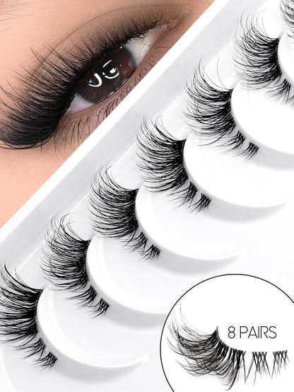 GROINNEYA 8 Pairs Half Striped False Eyelashes, Natural Extension Cat Eye Lashes, Short Soft 3D Mink Lashes, Transparent Band, Criss-Cross Fluffy Lashes, Suitable For Daily And Party Makeup