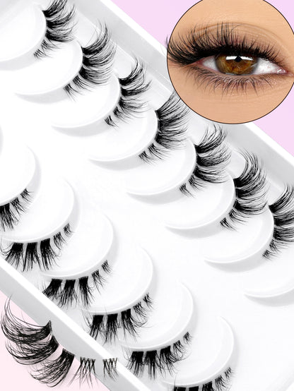 GROINNEYA 8 Pairs Half Striped False Eyelashes, Natural Extension Cat Eye Lashes, Short Soft 3D Mink Lashes, Transparent Band, Criss-Cross Fluffy Lashes, Suitable For Daily And Party Makeup
